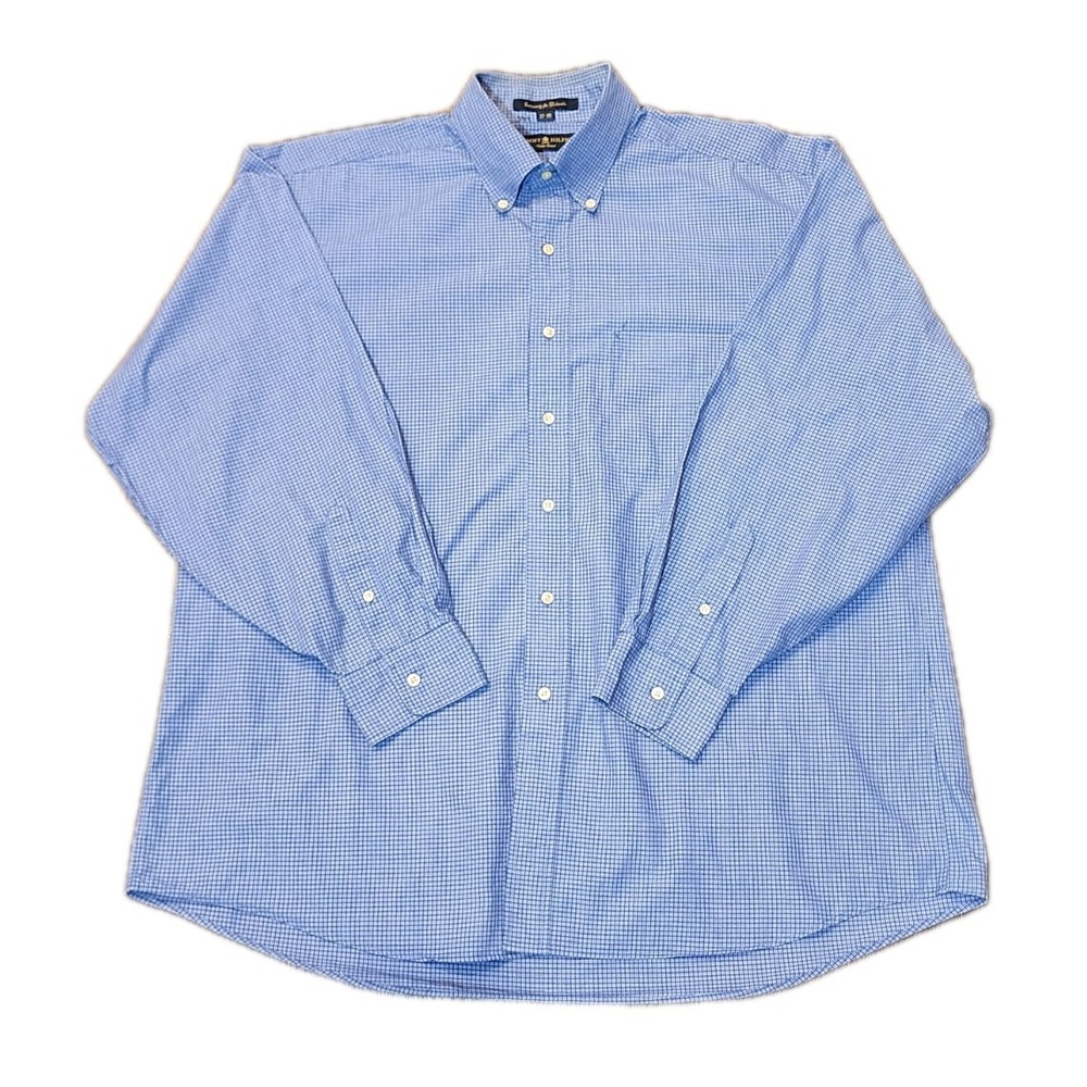 Tommy Hilfiger Men's Button-Down Dress Shirt, Size 17-35, Blue Plaid, Gold Crest